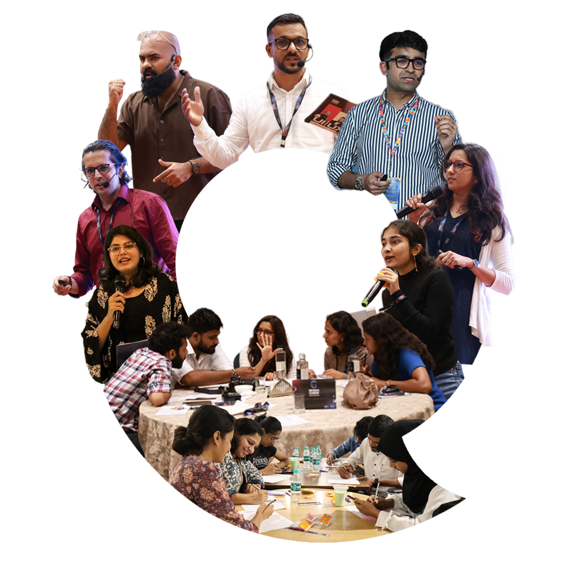 Collage of design conference speakers presenting on stage and participants collaborating in hands-on workshops during a creative and UX-focused event